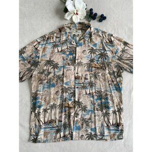 Island Shores Mens XL Hawaiian Shirt With Tropical Palm & Sailboat Print Y2K